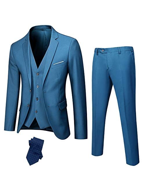 YND Men's Slim Fit 2 Button 3 Piece Suit Set, Solid Blazer Jacket Vest Pants & Tie