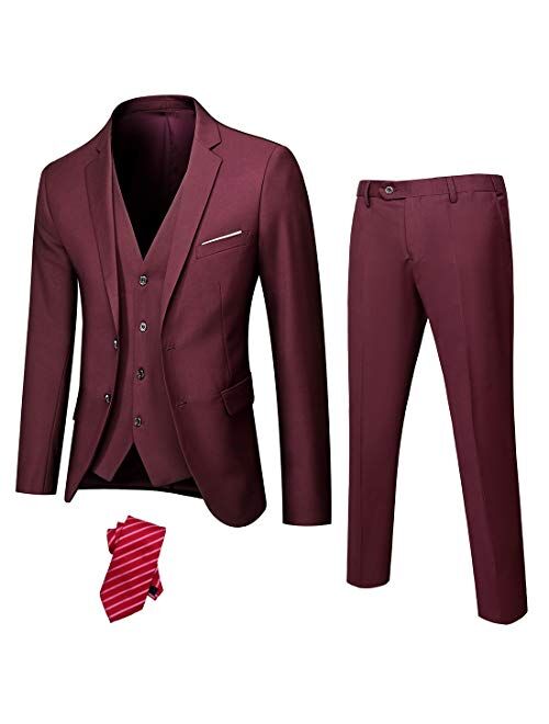 YND Men's Slim Fit 2 Button 3 Piece Suit Set, Solid Blazer Jacket Vest Pants & Tie