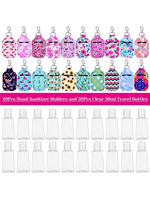 Hand Sanitizer Holders, Shynek 40pcs Empty Travel Size Bottle and Keychain Holders Set Include 20pcs Flip Cap Reusable Bottles, 20pcs Reusable Bottles Keychain Carriers f