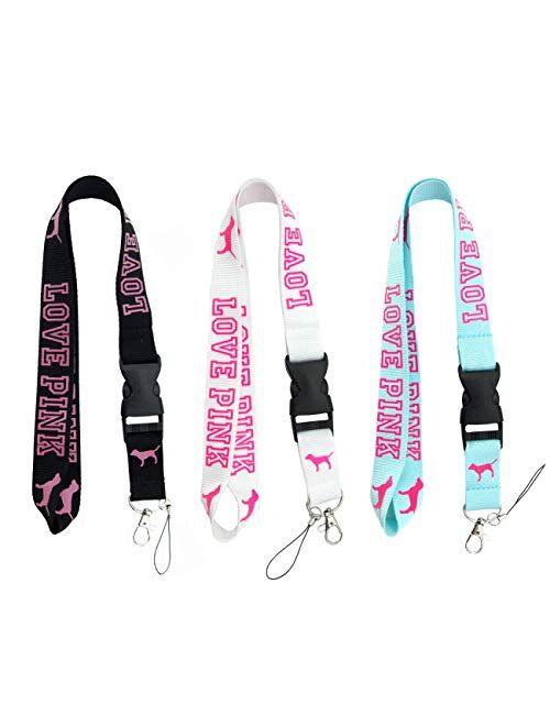 LOVE PINK Black Neck Strap Keychain Lanyard ID Holder Keyring for Keys Phones Bags