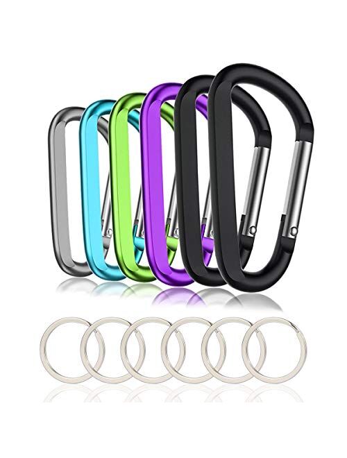 6PCS Carabiner Caribeaner Clip,3" Large Aluminum D Ring Shape Carabeaner with 6PCS Keyring Keychain Hook