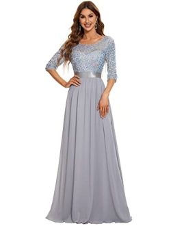 Women's V-neck Sequin Maxi Dress Long Evening Dress 00683 Navy Blue US4