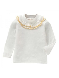 Kids Girls Long Sleeve Soft Casual Ruffle Neck Solid T-Shirt Tops Clothes