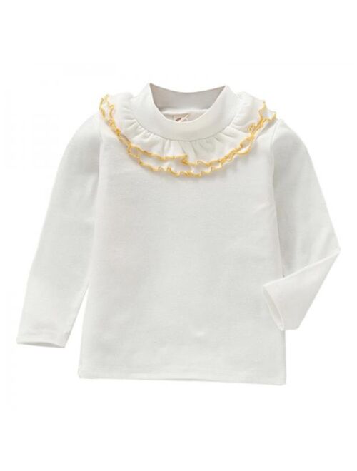 Kids Girls Long Sleeve Soft Casual Ruffle Neck Solid T-Shirt Tops Clothes