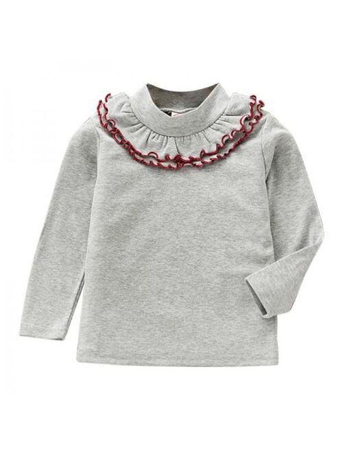 Kids Girls Long Sleeve Soft Casual Ruffle Neck Solid T-Shirt Tops Clothes