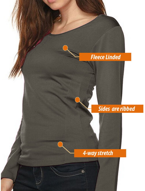 Women Winter Fleece Lined Crew Neck Long Sleeve Slim Fit Stretch Tight Shirt