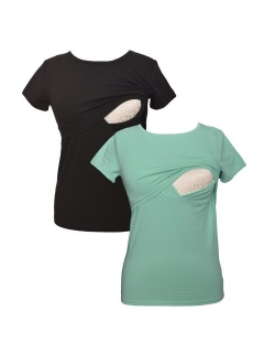 LVMA2500 - 2 Pack - 100% premium Cotton - Women short Sleeve Nursing Maternity T-Shirt 2 Piece Set