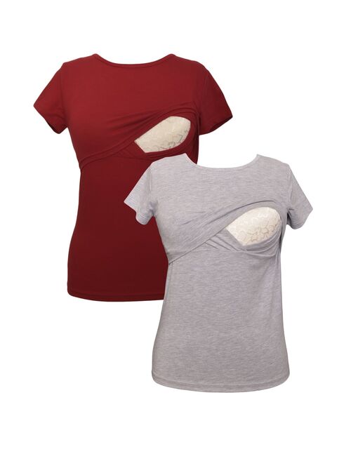 LVMA2500 - 2 Pack - 100% premium Cotton - Women short Sleeve Nursing Maternity T-Shirt 2 Piece Set