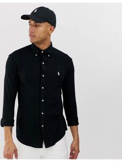 player logo pique shirt slim fit buttondown in black