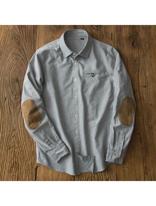 Men Oxford Cotton Shirt Long Sleeve Casual Business Top Button Down Classic Grey