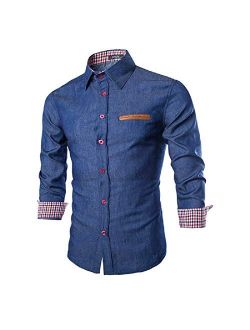 Evergreen's Mens Denim Washing Slim Fit Long Sleeved Casual Dress Shirts