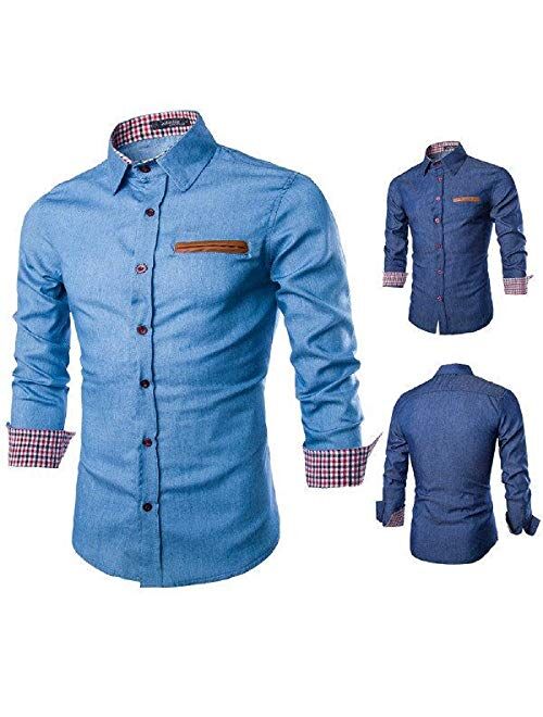 Evergreen's Mens Denim Washing Slim Fit Long Sleeved Casual Dress Shirts