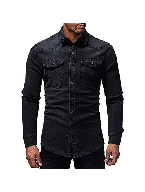 Black Denim Shirt Men Casual Fit Slim Long Sleeve Shirts 2019 Autumn Cotton Jeans Dress Shirt