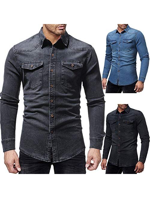 Black Denim Shirt Men Casual Fit Slim Long Sleeve Shirts 2019 Autumn Cotton Jeans Dress Shirt