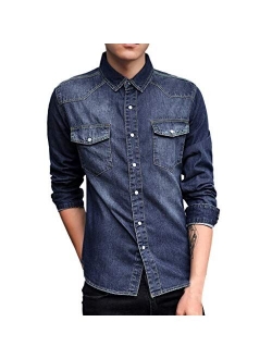 STORTO - Mens Solid Denim Casual Long-Sleeve Shirt