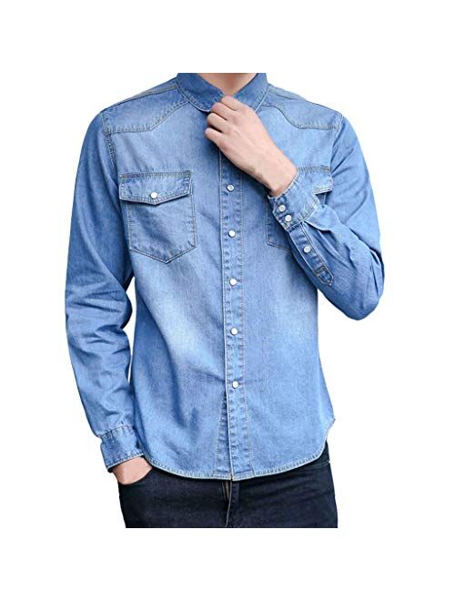 STORTO - Mens Solid Denim Casual Long-Sleeve Shirt