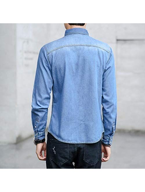 STORTO - Mens Solid Denim Casual Long-Sleeve Shirt