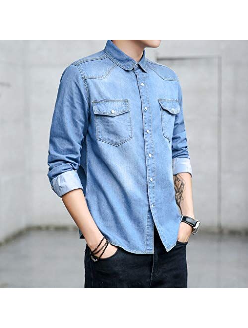 STORTO - Mens Solid Denim Casual Long-Sleeve Shirt