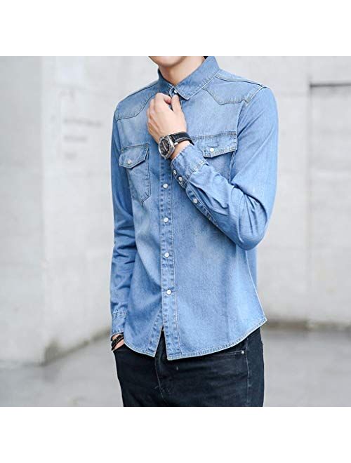 STORTO - Mens Solid Denim Casual Long-Sleeve Shirt