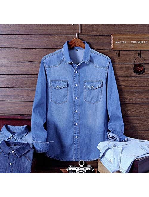 STORTO - Mens Solid Denim Casual Long-Sleeve Shirt