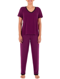 Women's and Women's Plus Soft & Breathable V-Neck Tee and Pant 2-Piece Pajama Set