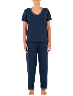 Women's and Women's Plus Soft & Breathable V-Neck Tee and Pant 2-Piece Pajama Set