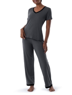 Women's and Women's Plus Soft & Breathable V-Neck Tee and Pant 2-Piece Pajama Set