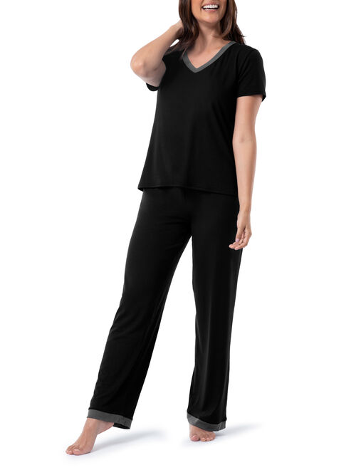 Fruit of the Loom Women's and Women's Plus Soft & Breathable V-Neck Tee and Pant 2-Piece Pajama Set