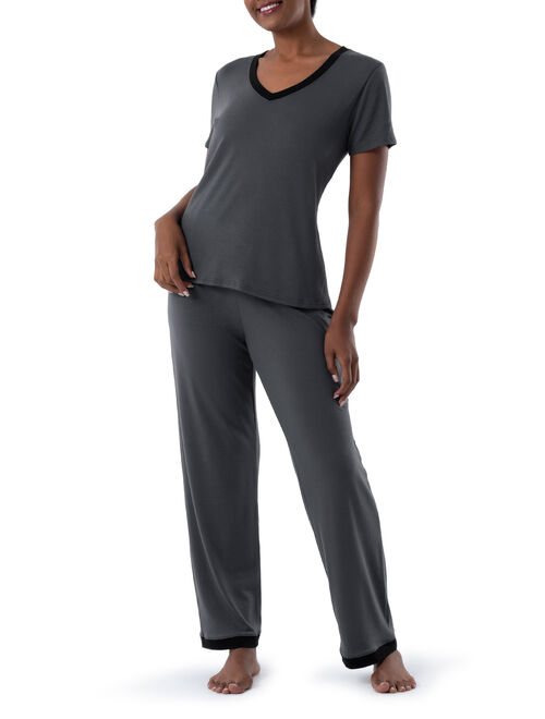 Fruit of the Loom Women's and Women's Plus Soft & Breathable V-Neck Tee and Pant 2-Piece Pajama Set