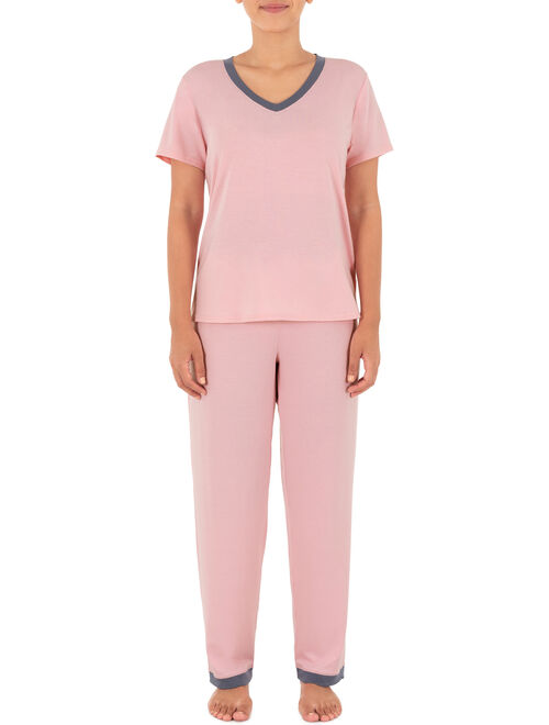 Fruit of the Loom Women's and Women's Plus Soft & Breathable V-Neck Tee and Pant 2-Piece Pajama Set