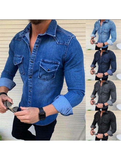 Mens Denim Shirts Casual Slim Fit Denim Shirt Jeans Long Sleeve Tops Button Tops