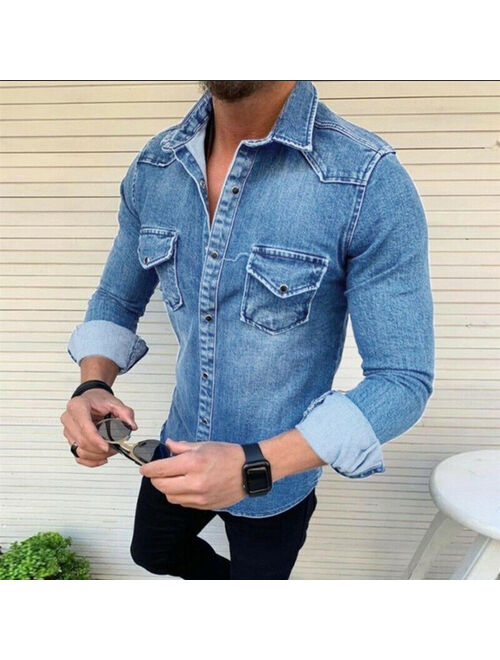 Mens Denim Shirts Casual Slim Fit Denim Shirt Jeans Long Sleeve Tops Button Tops