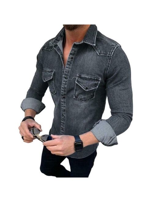 Mens Denim Shirts Casual Slim Fit Denim Shirt Jeans Long Sleeve Tops Button Tops