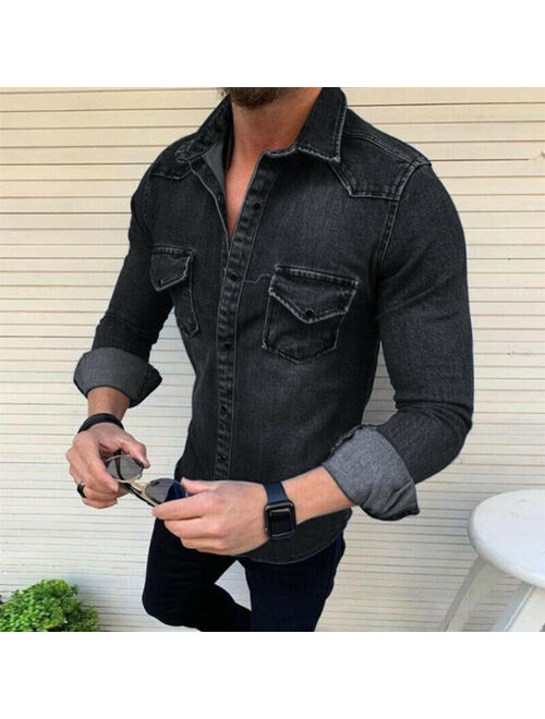 Mens Denim Shirts Casual Slim Fit Denim Shirt Jeans Long Sleeve Tops Button Tops