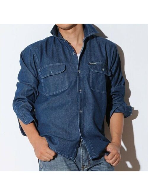 Men Denim Shirt Long Sleeve Jean Top Shirt Cotton Oversized Loose Casual Classic