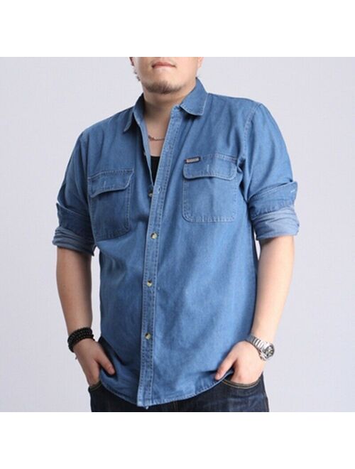 Men Denim Shirt Long Sleeve Jean Top Shirt Cotton Oversized Loose Casual Classic