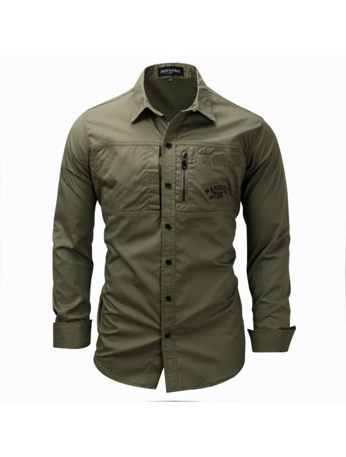 Men's Denim Work Shirt Long Sleeve Solid Cotton Military Shirts with Embroidered