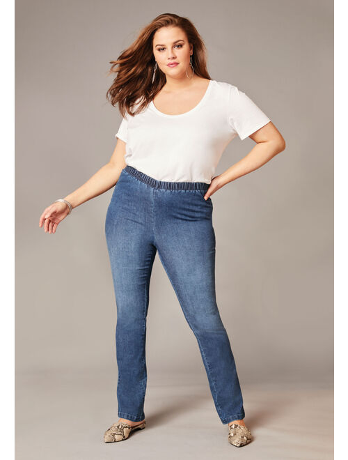 Roaman's Women's Plus Size Straight-Leg Pull-On Stretch Jean Elastic Waist Denim