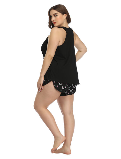 HDE Women's Plus Size Pajama Set Tank Top and Shorts Sleepwear PJ Sets (Caturday, 2X)