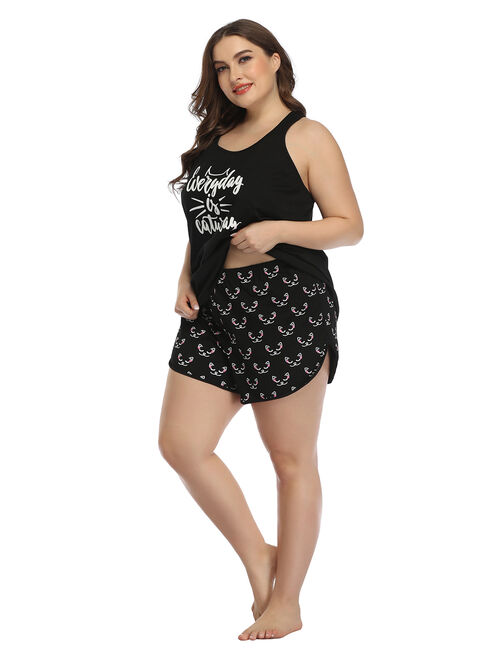 HDE Women's Plus Size Pajama Set Tank Top and Shorts Sleepwear PJ Sets (Caturday, 2X)