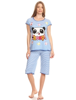 5012C Womens Capri Set Sleepwear Cotton Pajamas - Woman Sleeveless Sleep Nightshirt Blue 51 M