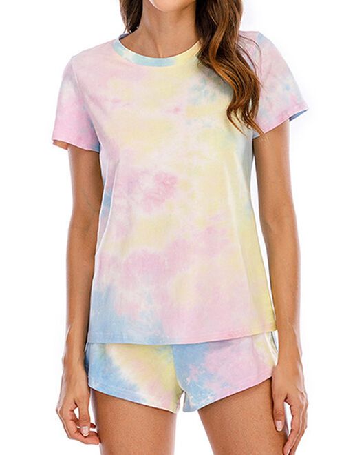 Women Tie-Dyed Short Sleeve Elastic Waist Pajama Set