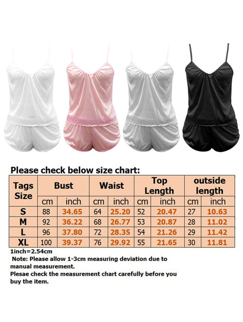 Women's 2 pieces Pajamas Sets Satin Silk Babydoll Lingerie Sleepwear Nightwear Loungewear Summer Pj