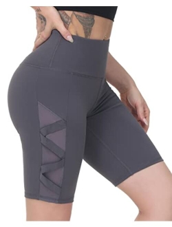 romansong Women's Mesh Leggings Yoga Pants with Pocket, Non See-Through Capri High Waisted Tummy Control 4 Way Stretch