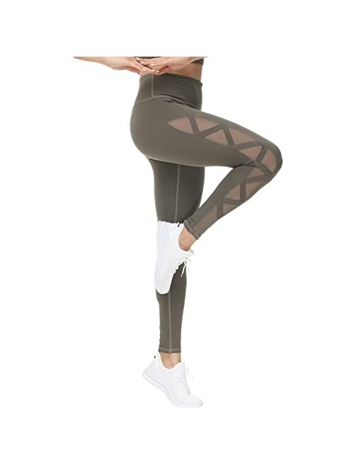 romansong Women's Mesh Leggings Yoga Pants with Pocket, Non See-Through Capri High Waisted Tummy Control 4 Way Stretch