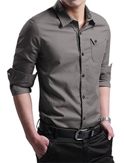 XTAPAN Men's Casual Slim Fit Shirt Cotton Long Sleeve Button Down Dress Shirt