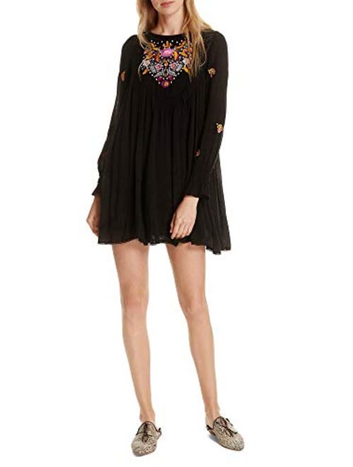 FREE PEOPLE Womens Burgundy Embroidered Pleated V-back Floral Long Sleeve Jewel Neck Knee Length Dress Size: S