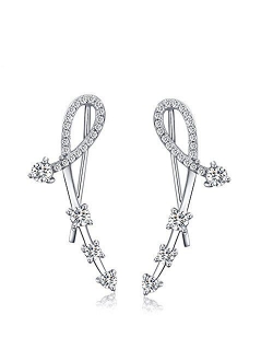 Ear Crawler, Mariafashion Cuff Earrings Sterling Silver Ear Climber Leaf Diamond Zircon Stud Earrings