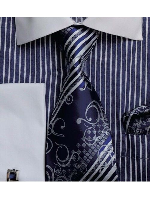 Men's Dress Shirt with French Cuff, Tie and Handkerchief/Links Navy/Striped Blue