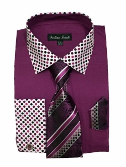 Men's Cotton Blend Dress Shirt with French Cuff, Tie, Hanky and Cufflinks MS630